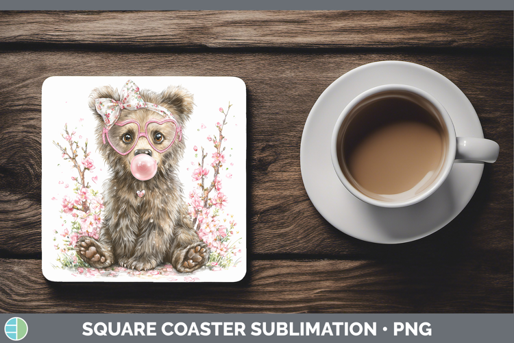 Grizzly Bear Woodland Pink Bubble Gum Square Coaster Sublima