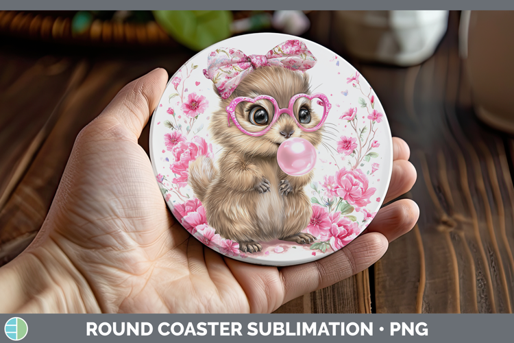 Groundhog Woodland Pink Bubble Gum Round Coaster Sublimation