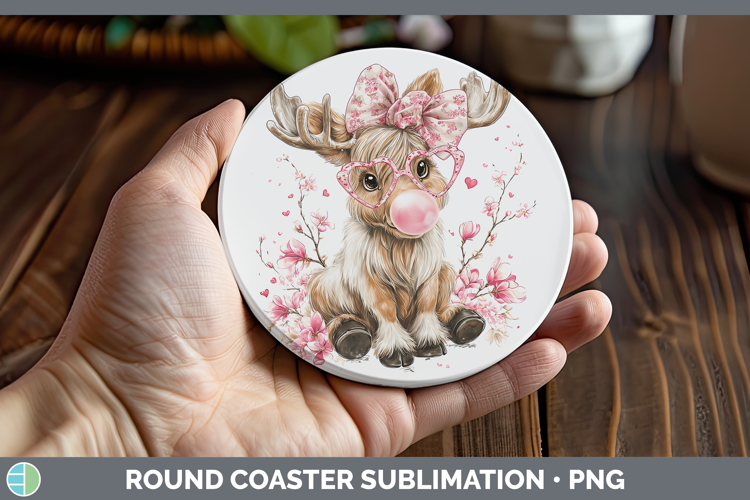 Moose Woodland Pink Bubble Gum Round Coaster Sublimation Des