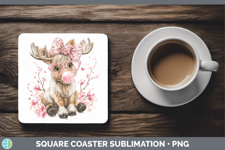 Moose Woodland Pink Bubble Gum Square Coaster Sublimation De