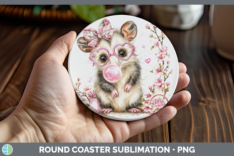 Opossum Woodland Pink Bubble Gum Round Coaster Sublimation D