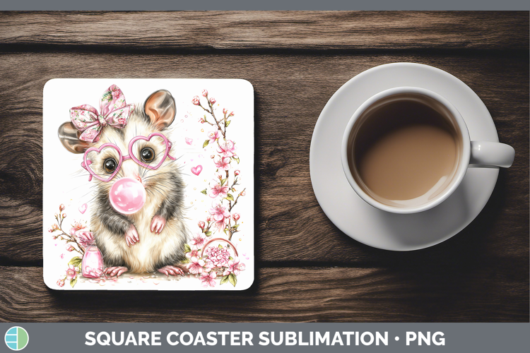 Opossum Woodland Pink Bubble Gum Square Coaster Sublimation