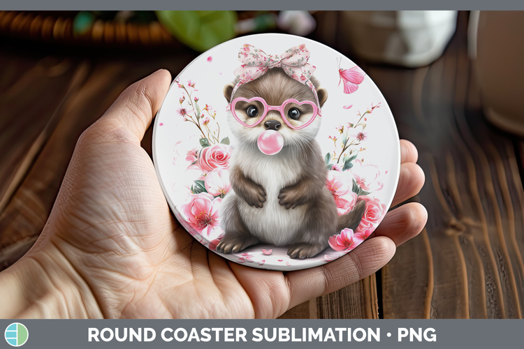 Otter Woodland Pink Bubble Gum Round Coaster Sublimation Des