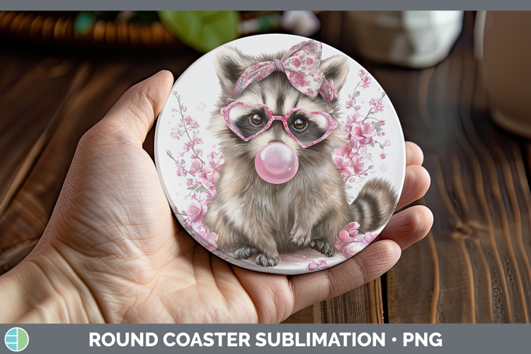 Raccoon Woodland Pink Bubble Gum Round Coaster Sublimation D
