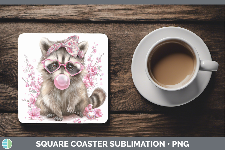 Raccoon Woodland Pink Bubble Gum Square Coaster Sublimation