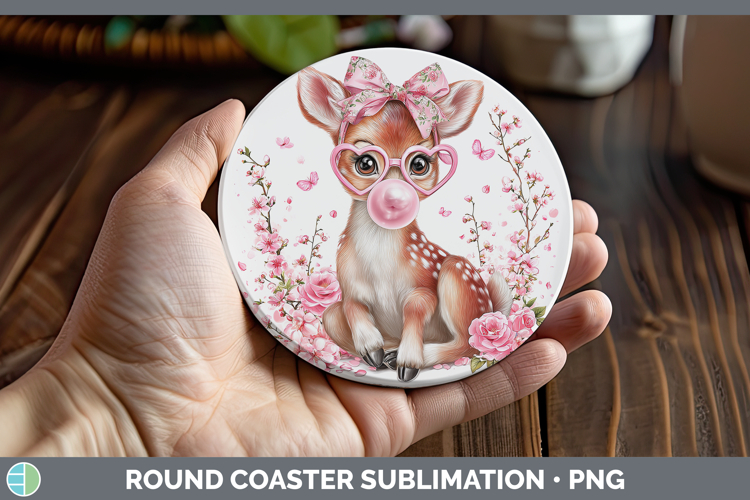 Reindeer Woodland Pink Bubble Gum Round Coaster Sublimation