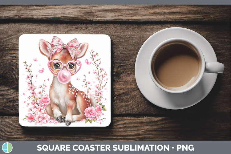 Reindeer Woodland Pink Bubble Gum Square Coaster Sublimation