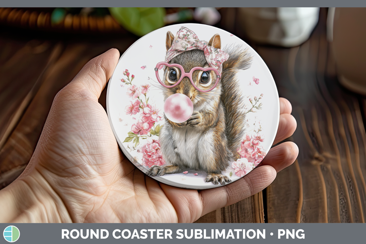 Squirrel Woodland Pink Bubble Gum Round Coaster Sublimation