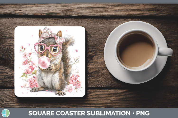 Squirrel Woodland Pink Bubble Gum Square Coaster Sublimation