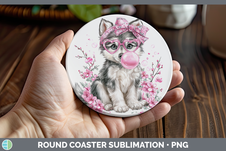 Wolf Woodland Pink Bubble Gum Round Coaster Sublimation Desi