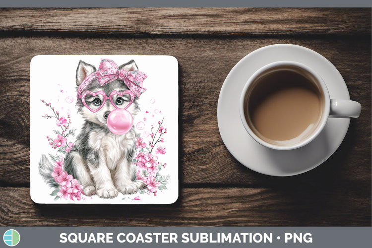 Wolf Woodland Pink Bubble Gum Square Coaster Sublimation Des