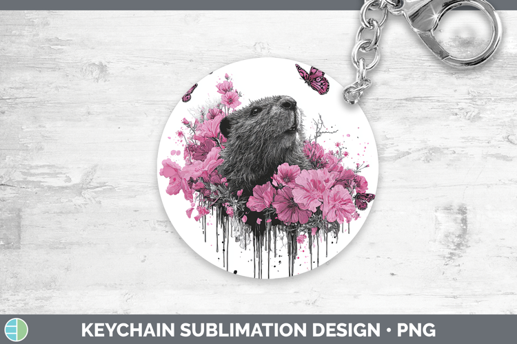 Woodland Pink Drips Beaver Keychain Sublimation Keyring Desi