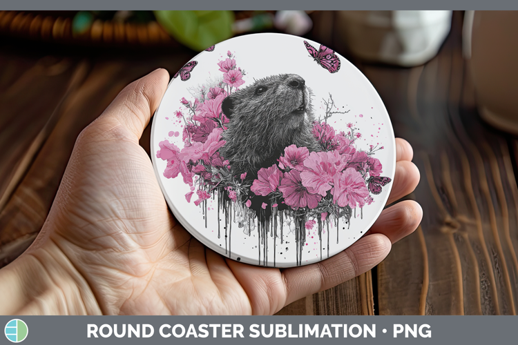 Woodland Pink Drips Beaver Round Coaster Sublimation Coaster