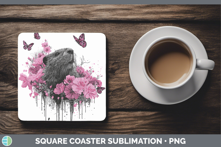 Woodland Pink Drips Beaver Square Coaster Sublimation Coaste