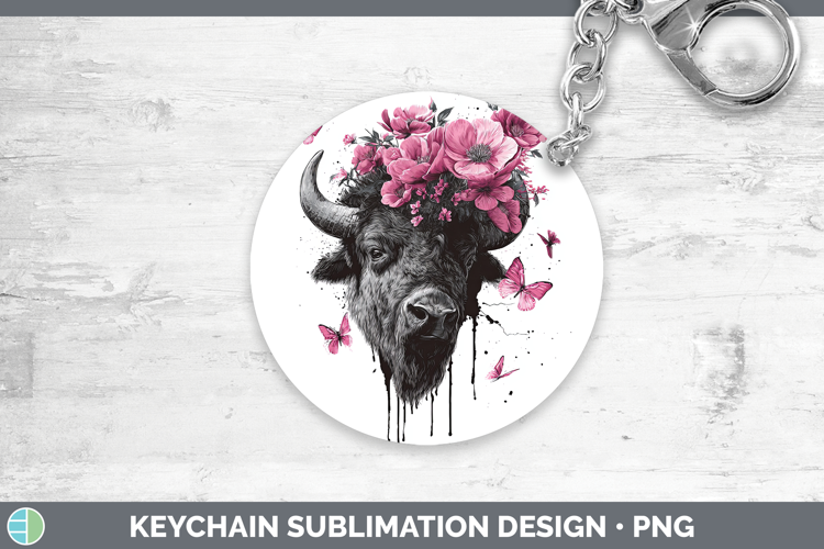 Woodland Pink Drips Bison Keychain Sublimation Keyring Desig