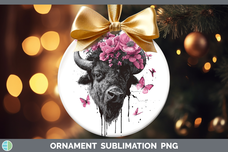 Woodland Pink Drips Bison Ornament Sublimation Bauble Design