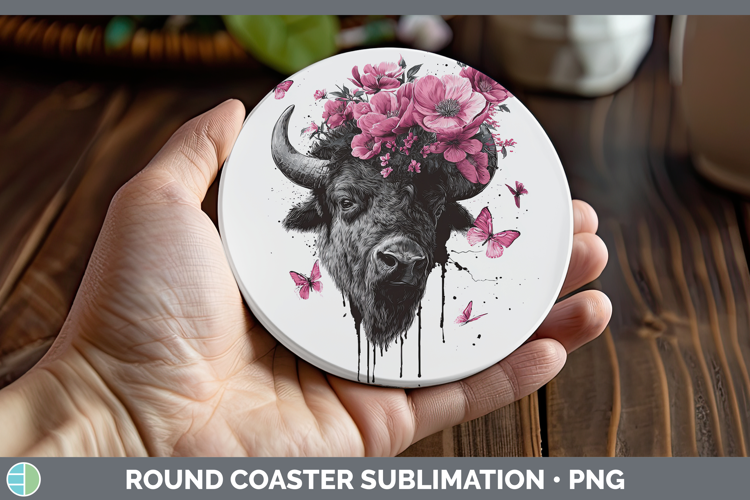 Woodland Pink Drips Bison Round Coaster Sublimation Coaster