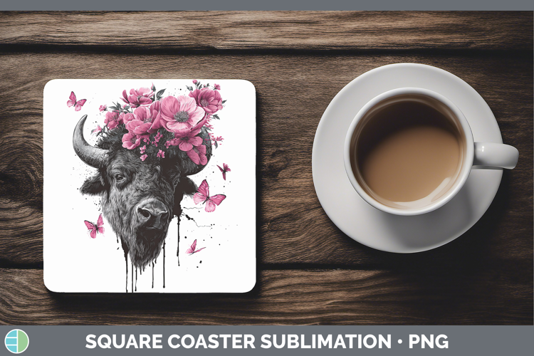 Woodland Pink Drips Bison Square Coaster Sublimation Coaster