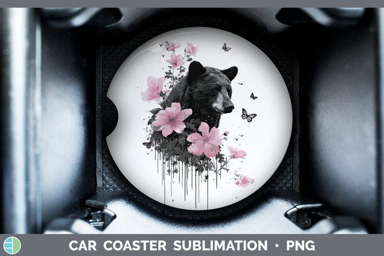 Woodland Pink Drips Black Bear Car Coaster Sublimation Desi