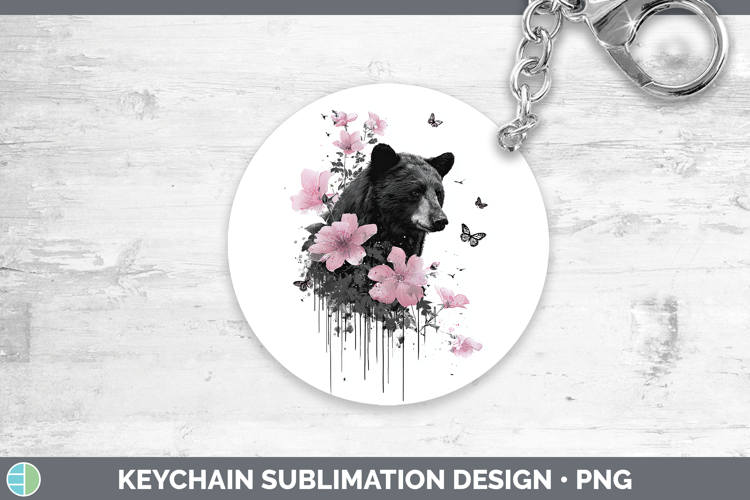 Woodland Pink Drips Black Bear Keychain Sublimation Keyring