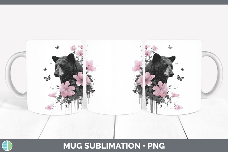 Woodland Pink Drips Black Bear Mug Wrap Sublimation Coffee C