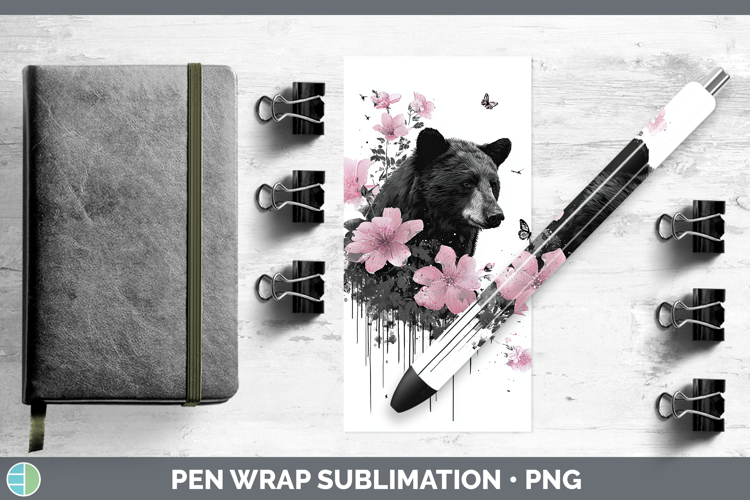 Woodland Pink Drips Black Bear Pen Wrap Sublimation Pen Desi