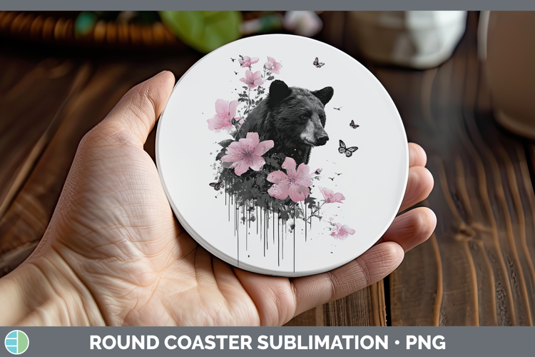 Woodland Pink Drips Black Bear Round Coaster Sublimation Coa