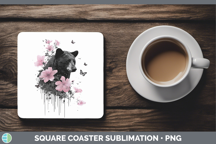 Woodland Pink Drips Black Bear Square Coaster Sublimation Co