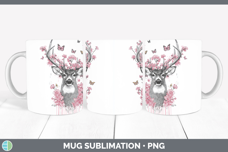 Woodland Pink Drips Deer Mug Wrap Sublimation Coffee Cup Des