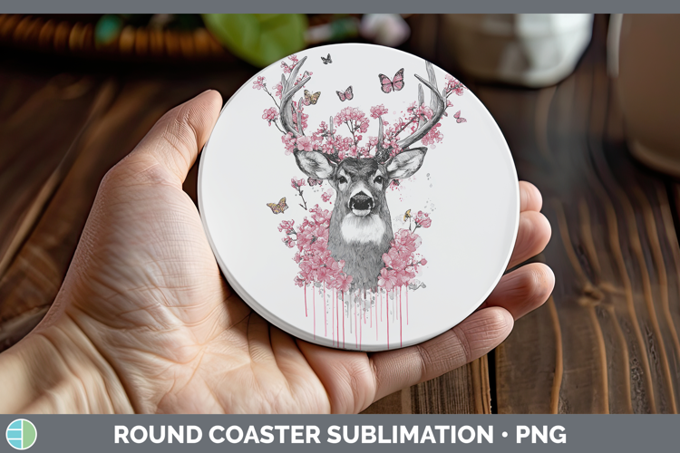 Woodland Pink Drips Deer Round Coaster Sublimation Coaster D