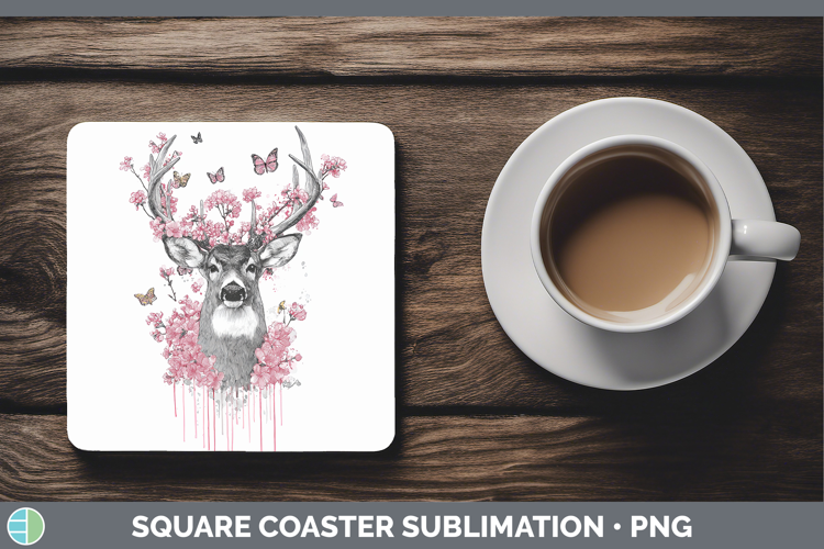 Woodland Pink Drips Deer Square Coaster Sublimation Coaster