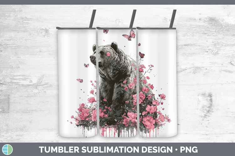 Woodland Pink Drips Grizzly Bear Tumbler Sublimation 20 oz S