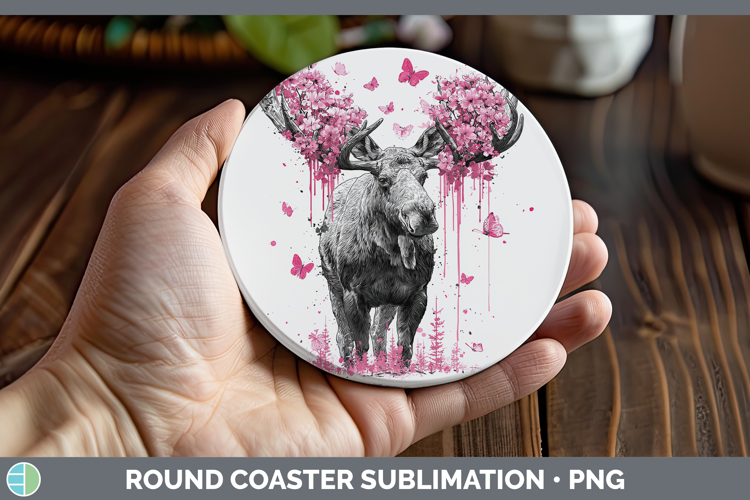 Woodland Pink Drips Moose Round Coaster Sublimation Coaster
