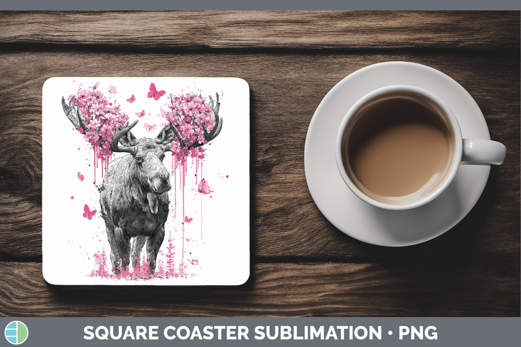 Woodland Pink Drips Moose Square Coaster Sublimation Coaster