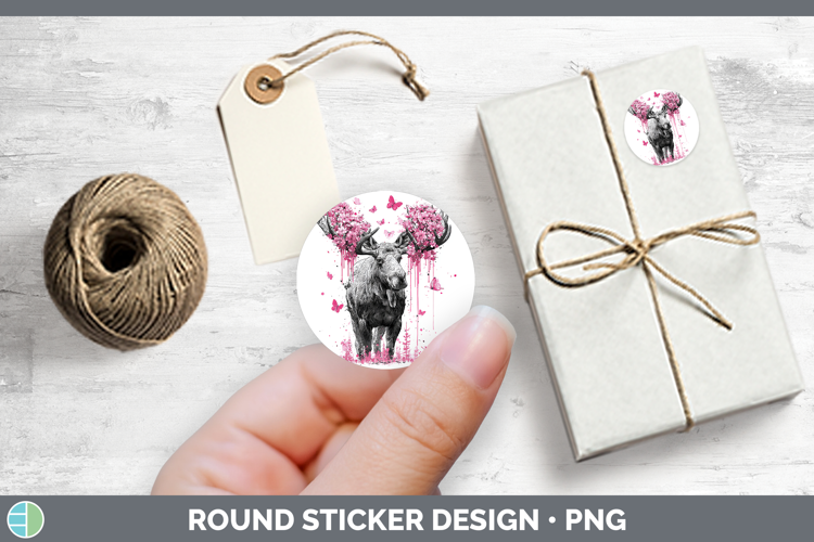 Woodland Pink Drips Moose Stickers | Round Labels Designs