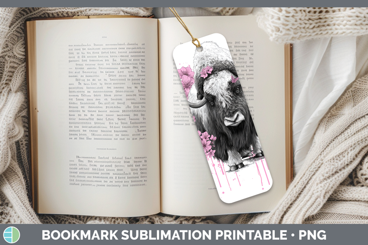 Woodland Pink Drips Musk Ox Bookmark Sublimation Printable D