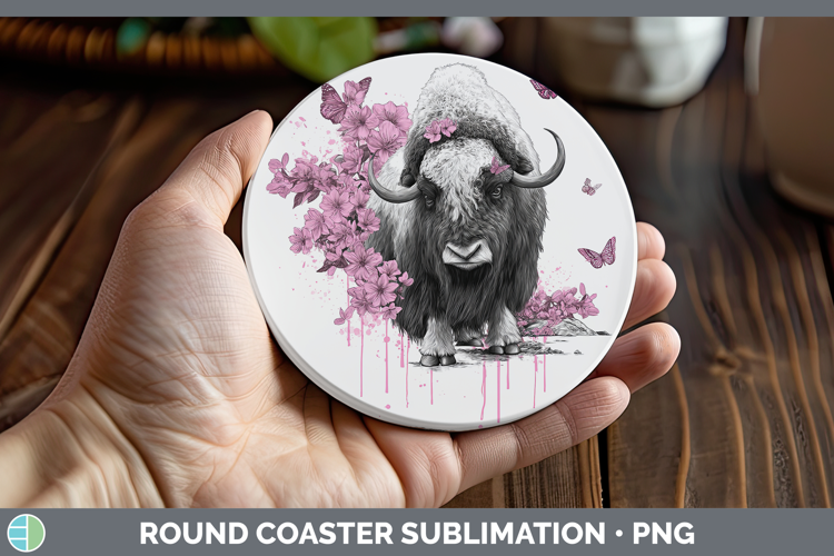 Woodland Pink Drips Musk Ox Round Coaster Sublimation Coaste