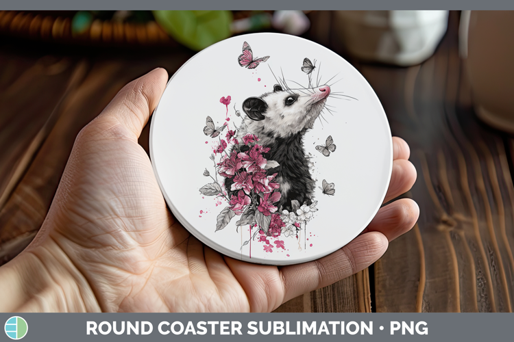 Woodland Pink Drips Opossum Round Coaster Sublimation Coaste