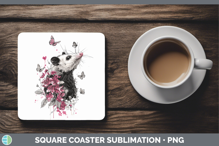 Woodland Pink Drips Opossum Square Coaster Sublimation Coast