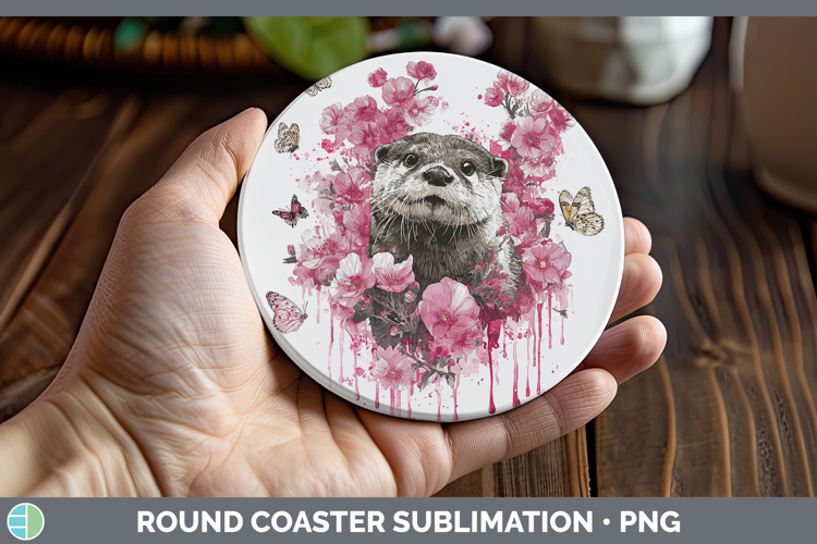 Woodland Pink Drips Otter Round Coaster Sublimation Coaster