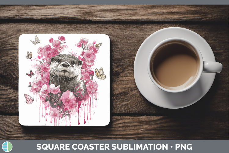 Woodland Pink Drips Otter Square Coaster Sublimation Coaster