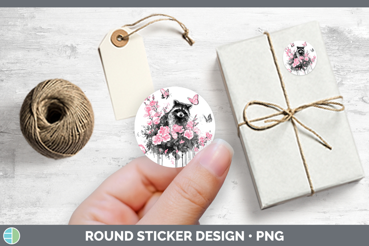 Woodland Pink Drips Raccoon Stickers | Round Labels Designs
