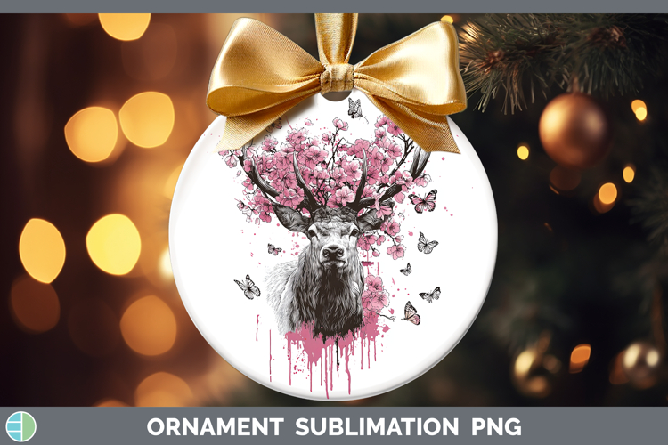 Woodland Pink Drips Reindeer Ornament Sublimation Bauble Des
