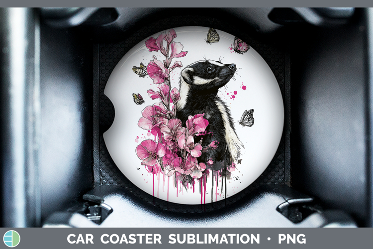 Woodland Pink Drips Skunk Car Coaster Sublimation Designs