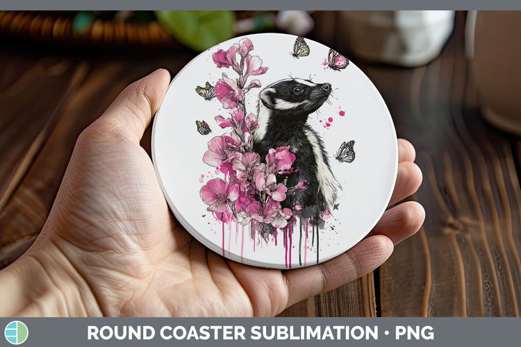 Woodland Pink Drips Skunk Round Coaster Sublimation Coaster