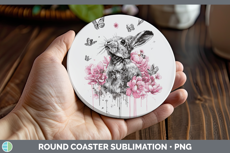 Woodland Pink Drips Snowshoe Hare Round Coaster Sublimation