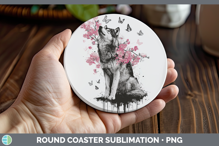 Woodland Pink Drips Wolf Round Coaster Sublimation Coaster D