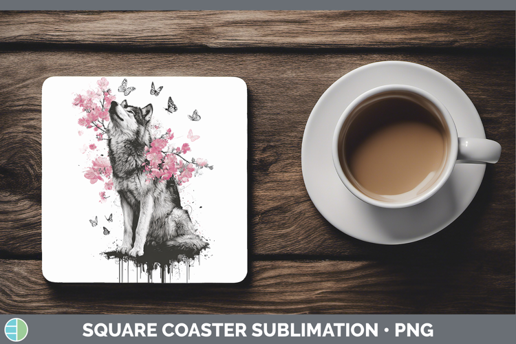 Woodland Pink Drips Wolf Square Coaster Sublimation Coaster