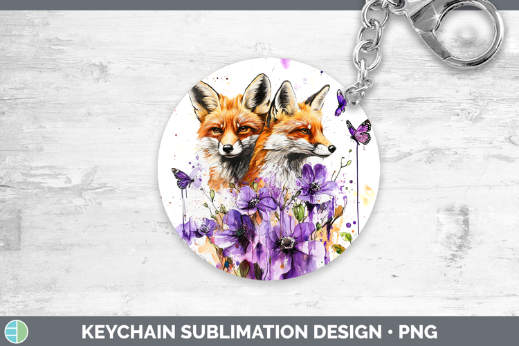 Woodland Purple Drips Fox Keychain Sublimation Keyring Desig
