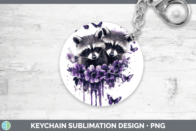 Woodland Purple Drips Raccoon Keychain Sublimation Keyring D